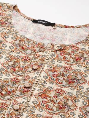 women's calf length round neck cream ethnic motifs straight kurta 3