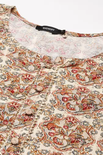 women's calf length round neck cream ethnic motifs straight kurta