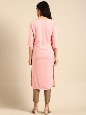 Showoff women's calf length round neck peach solid straight kurta 4