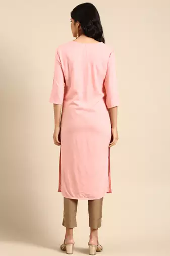 Showoff women's calf length round neck peach solid straight kurta