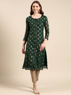 Showoff women's knee length round neck green ethnic motifs straight kurta 1
