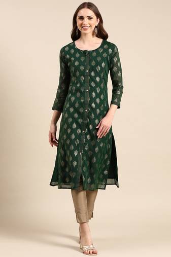 Showoff women's knee length round neck green ethnic motifs straight kurta