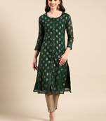 Showoff women's knee length round neck green ethnic motifs straight kurta