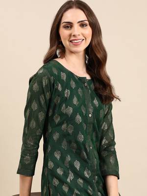 Showoff women's knee length round neck green ethnic motifs straight kurta 2