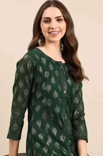 Showoff women's knee length round neck green ethnic motifs straight kurta