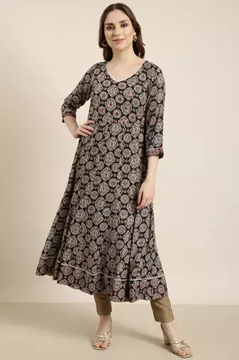 women's calf length v-neck black ethnic motifs anarkali kurta