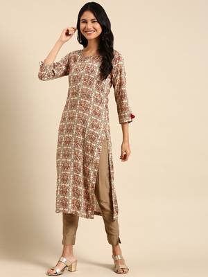 women's calf length round neck cream ethnic motifs straight kurta 1