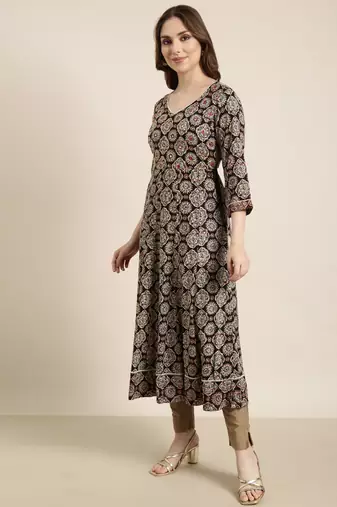 women's calf length v-neck black ethnic motifs anarkali kurta