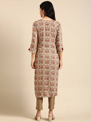 women's calf length round neck cream ethnic motifs straight kurta 5