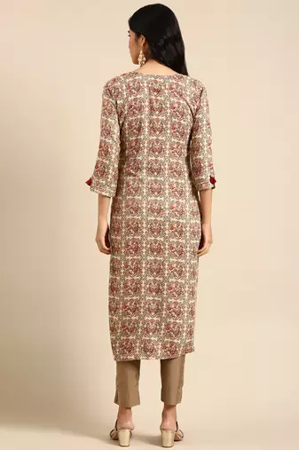 women's calf length round neck cream ethnic motifs straight kurta