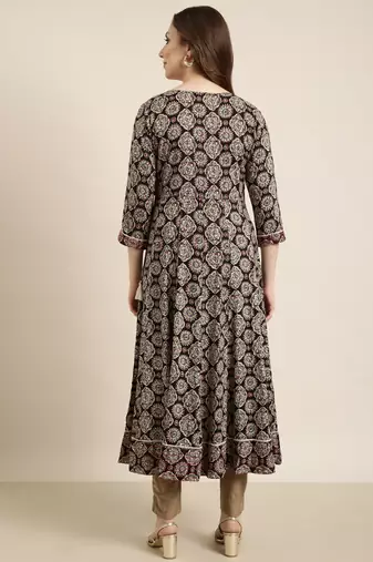 women's calf length v-neck black ethnic motifs anarkali kurta
