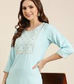 women's calf length round neck blue solid straight kurta