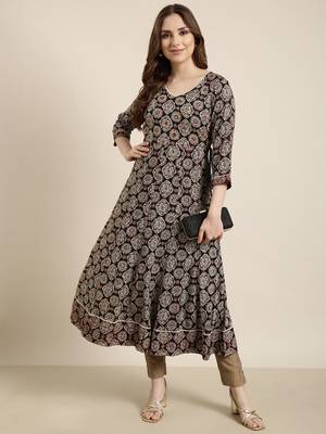 women's calf length v-neck black ethnic motifs anarkali kurta 5