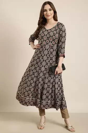 women's calf length v-neck black ethnic motifs anarkali kurta