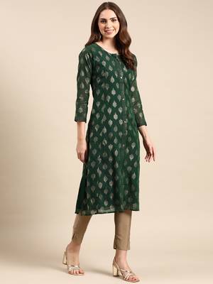 Showoff women's knee length round neck green ethnic motifs straight kurta 5