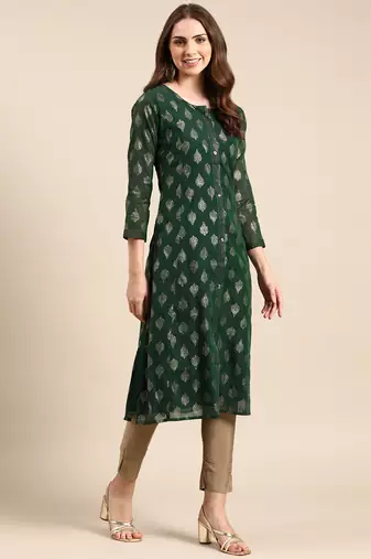 Showoff women's knee length round neck green ethnic motifs straight kurta