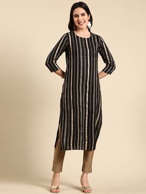 women's calf length scoop neck black striped straight kurta 1