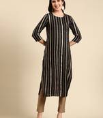 women's calf length scoop neck black striped straight kurta