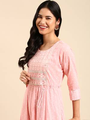 women's calf length round neck pink embellished anarkali kurta 2