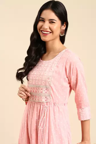 women's calf length round neck pink embellished anarkali kurta