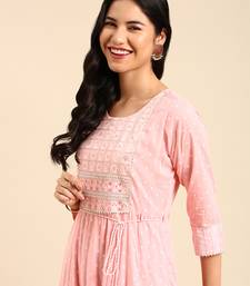 women's calf length round neck pink embellished anarkali kurta