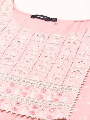 women's calf length round neck pink embellished anarkali kurta 3