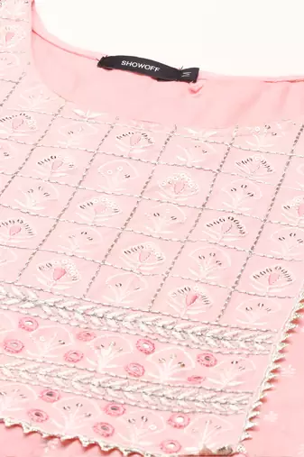 women's calf length round neck pink embellished anarkali kurta