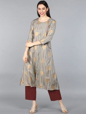 women taupe cotton striped printed a-line kurta 1