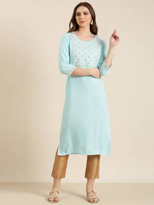 women's calf length round neck blue solid straight kurta 2