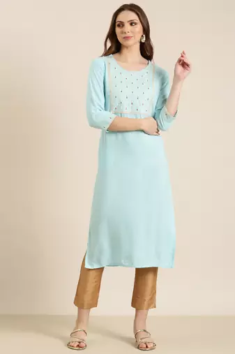 women's calf length round neck blue solid straight kurta