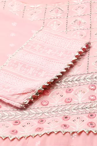 women's calf length round neck pink embellished anarkali kurta