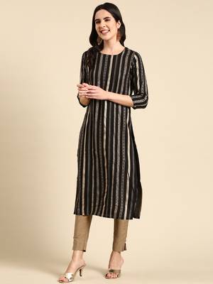 women's calf length scoop neck black striped straight kurta 4