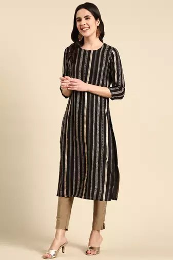 women's calf length scoop neck black striped straight kurta