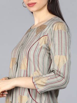 women taupe cotton striped printed a-line kurta 2