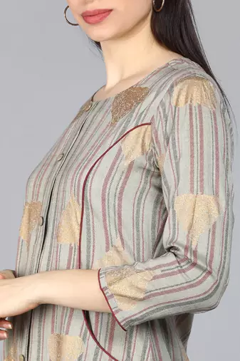 women taupe cotton striped printed a-line kurta