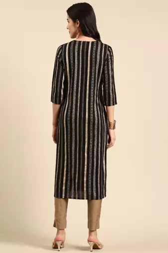women's calf length scoop neck black striped straight kurta