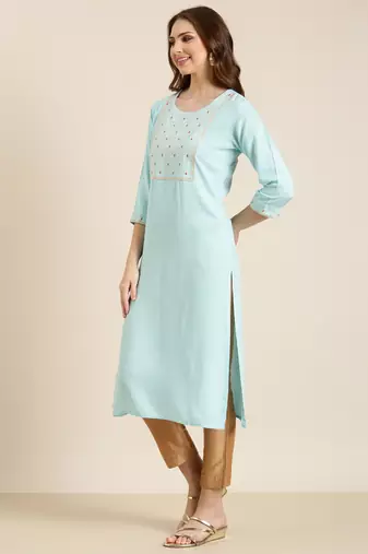 women's calf length round neck blue solid straight kurta