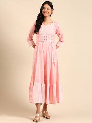 women's calf length round neck pink embellished anarkali kurta 1