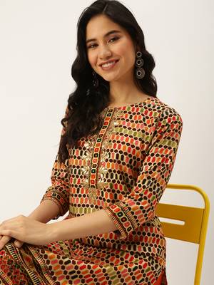 women's calf length round neck multi geometric straight kurta 1