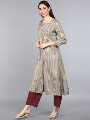 women taupe cotton striped printed a-line kurta 3