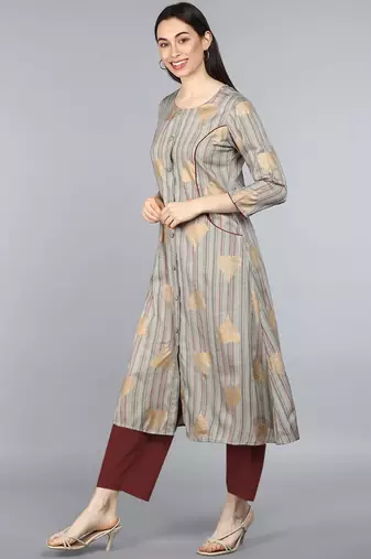 women taupe cotton striped printed a-line kurta