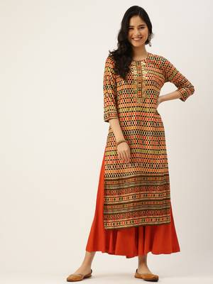 women's calf length round neck multi geometric straight kurta 2