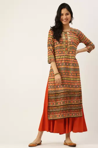 women's calf length round neck multi geometric straight kurta
