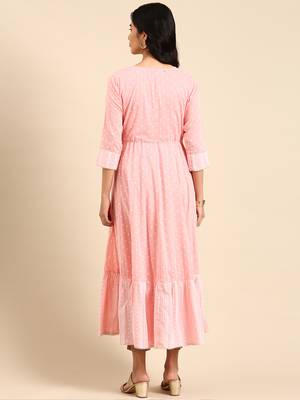 women's calf length round neck pink embellished anarkali kurta 5