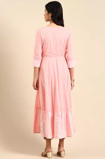 women's calf length round neck pink embellished anarkali kurta
