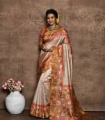 Orange Soft Tussar Silk Printted Saree Festive Wear