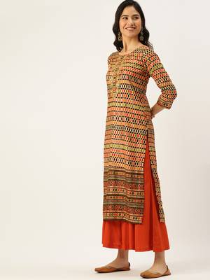 women's calf length round neck multi geometric straight kurta 3