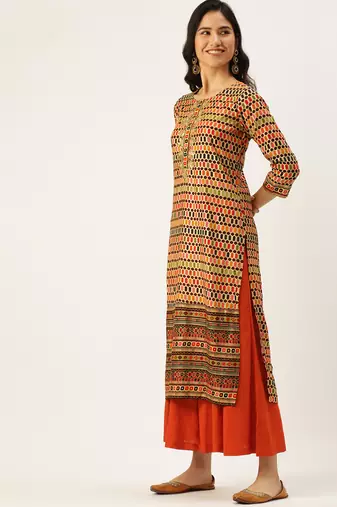 women's calf length round neck multi geometric straight kurta