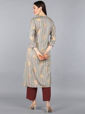 women taupe cotton striped printed a-line kurta 4