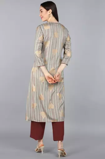 women taupe cotton striped printed a-line kurta